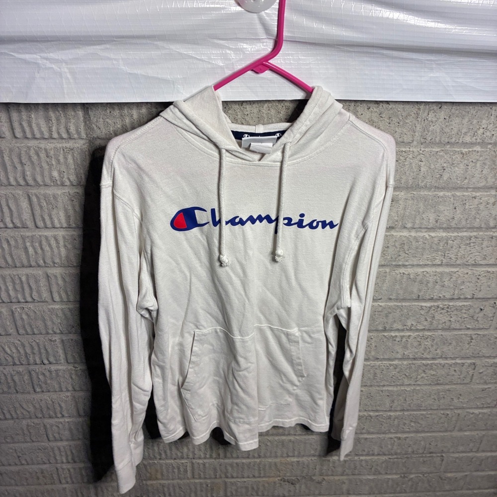 Champion Mens Script Logo Hoodie Lightweight Cream Off White Sweatshirt Medium